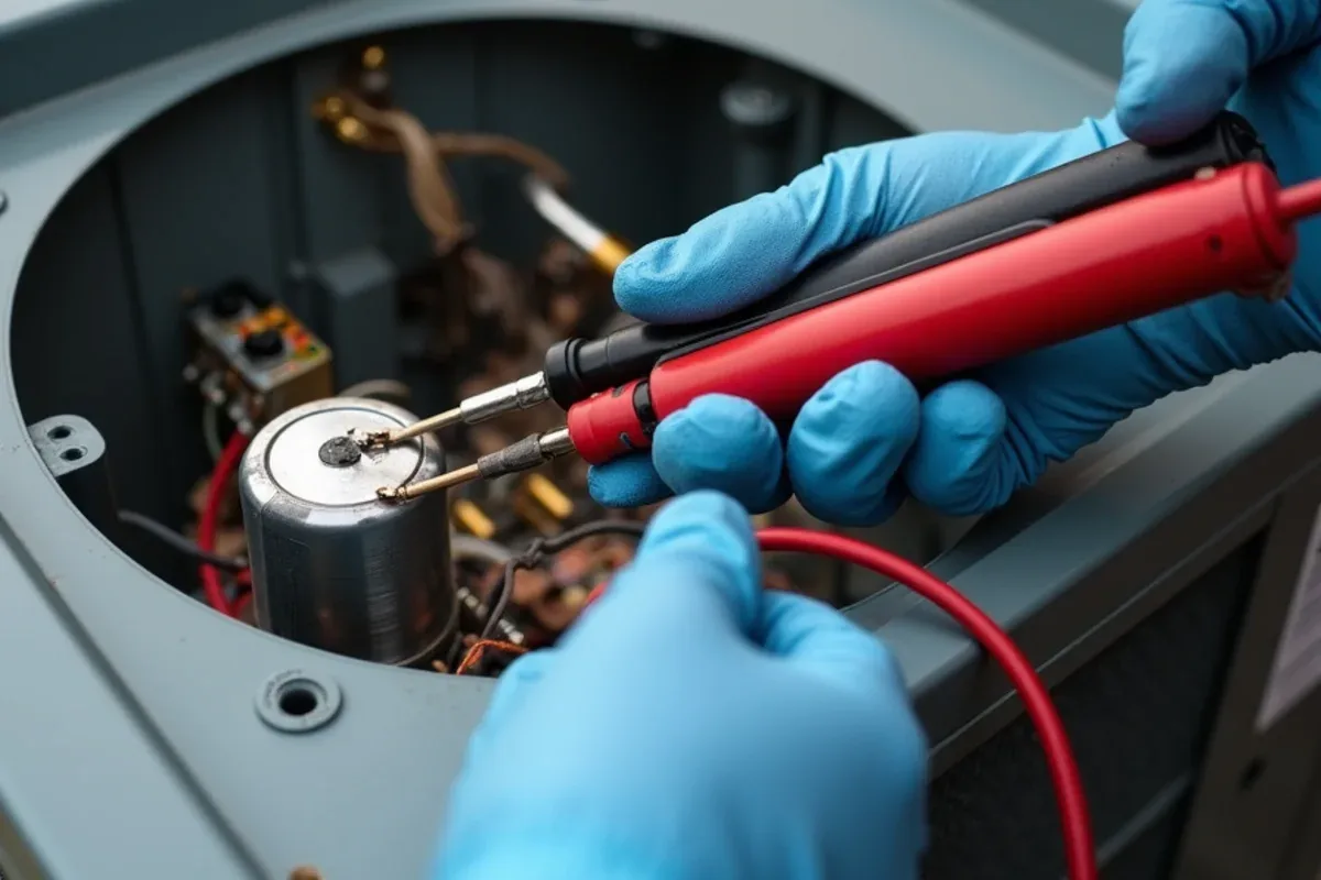 Technician measuring a run capacitor inside an open AC condenser panel in Azle, TX