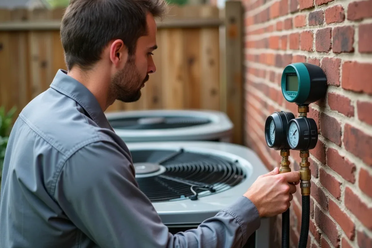 HVAC technician checking refrigerant pressures with digital gauges on an AC condenser in Azle, TX