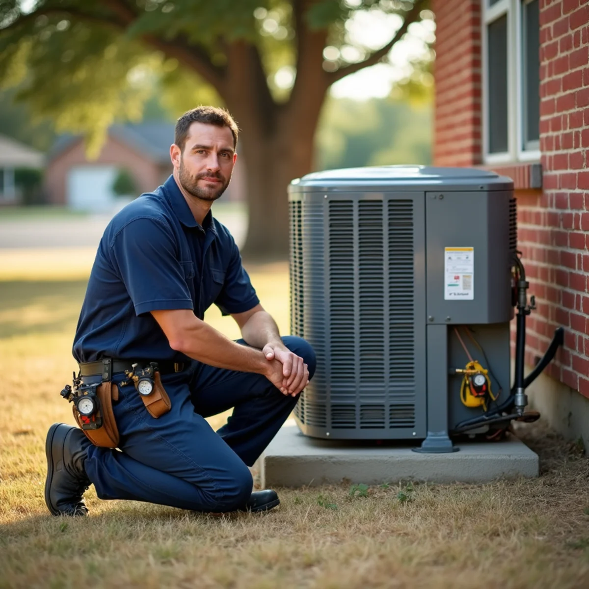 HVAC technician testing an outdoor AC condenser beside a brick ranch home in Azle, TX