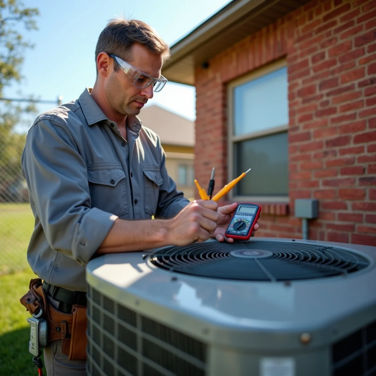 HVAC technician testing a run capacitor at an outdoor AC condenser beside a brick home in Azle, TX