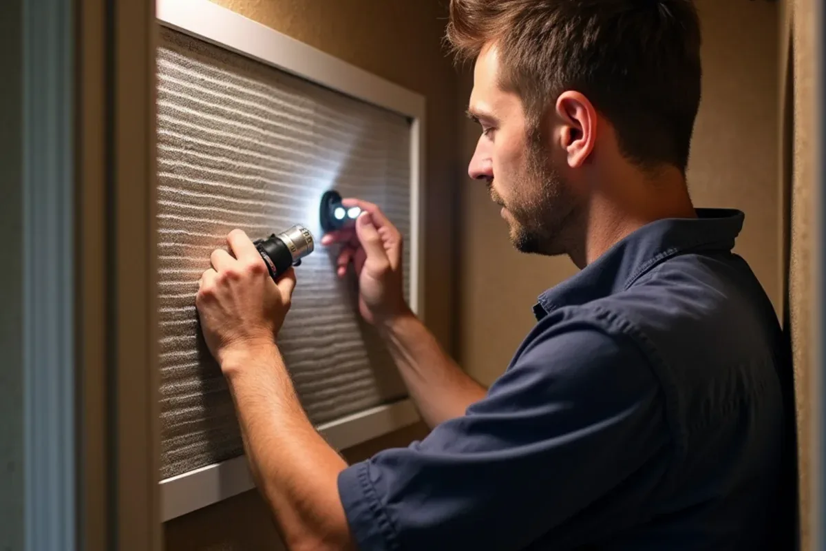 HVAC technician inspecting a dusty indoor evaporator coil behind a removed access panel in Azle, TX