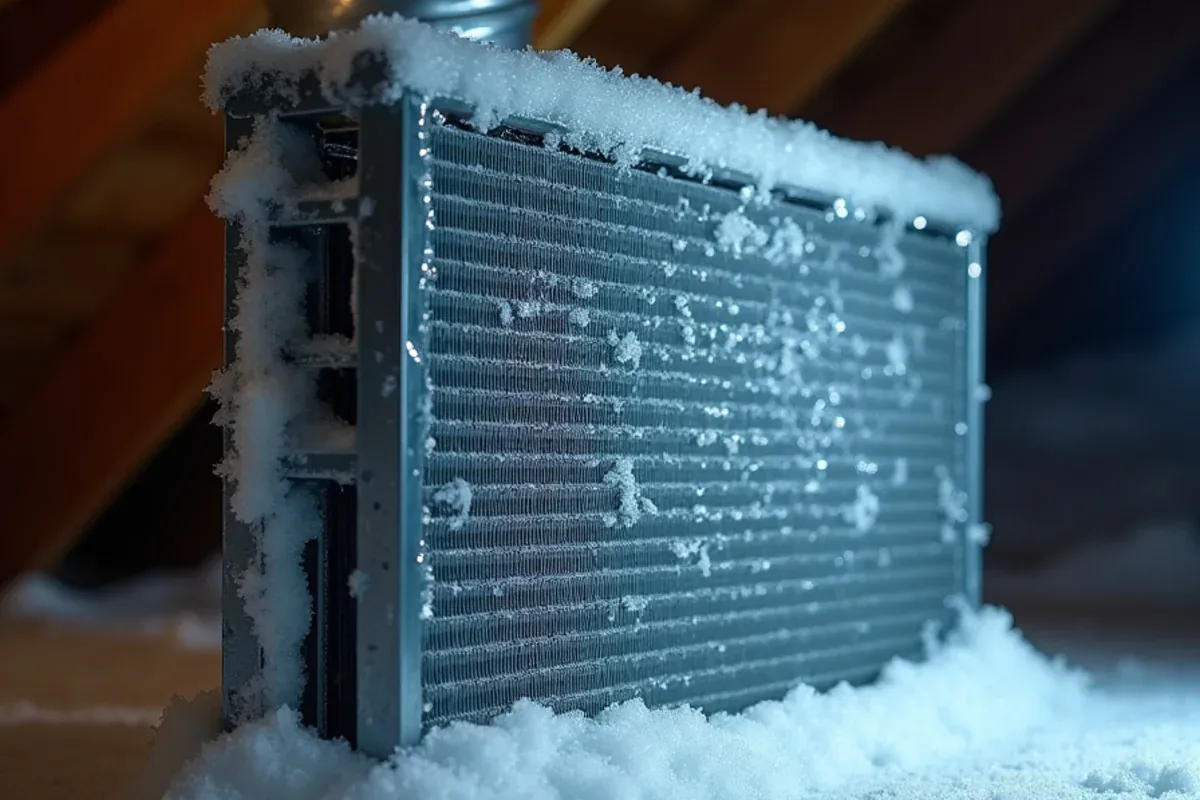 Frozen evaporator coil covered in ice inside an attic air handler in a North Texas home