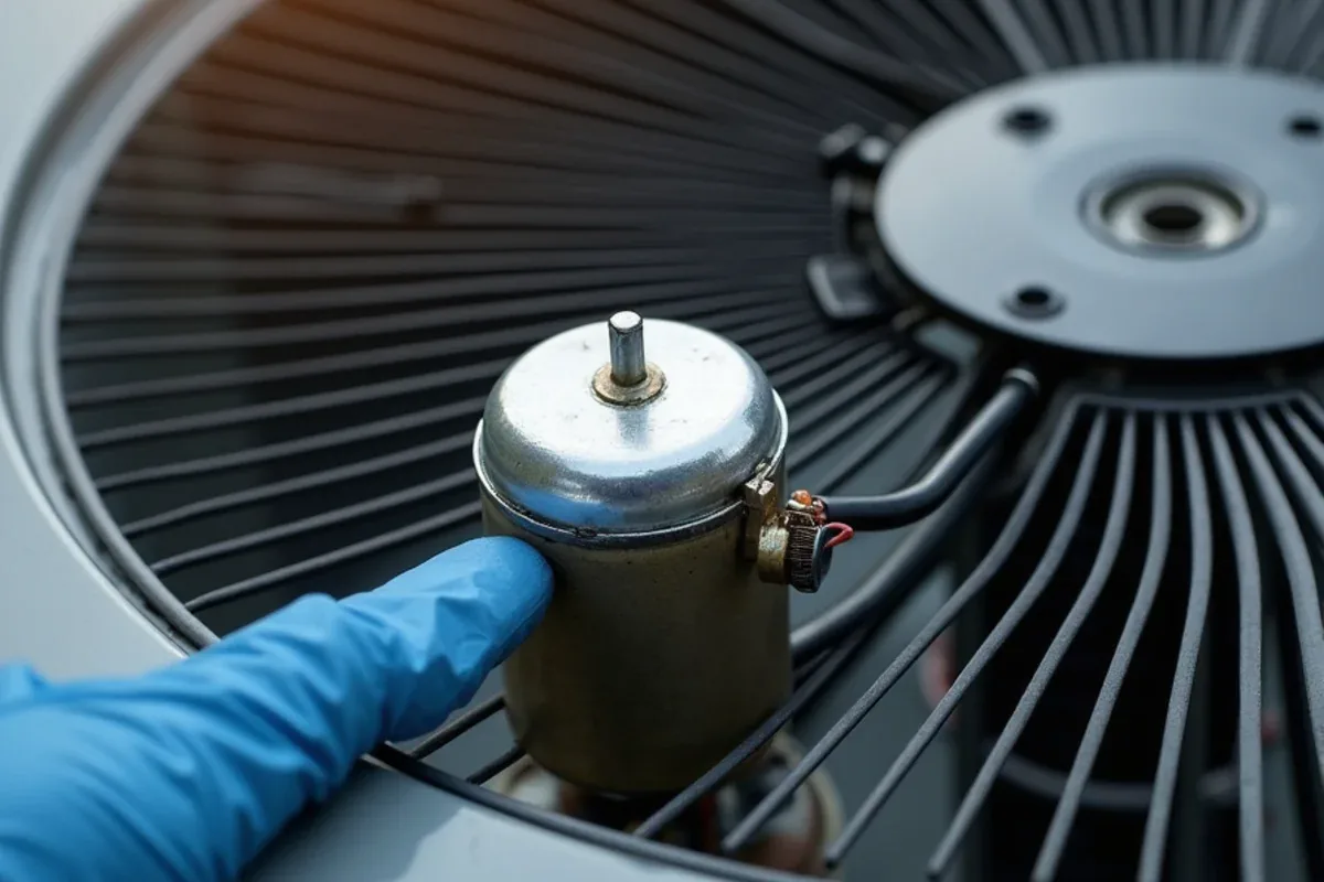 Bulging run capacitor beside the condenser fan motor of an outdoor AC unit in Azle, TX