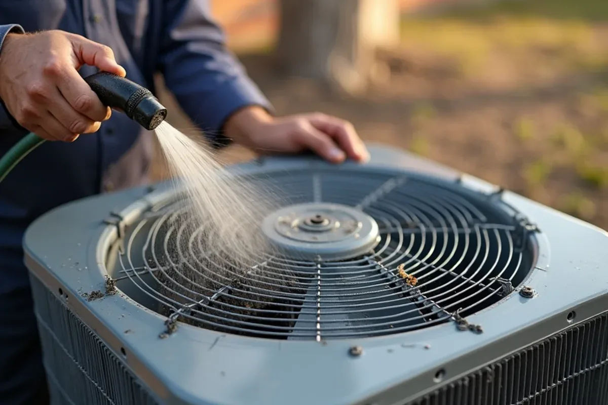 Technician rinsing a dirty outdoor condenser coil with a garden hose at a Texas ranch home
