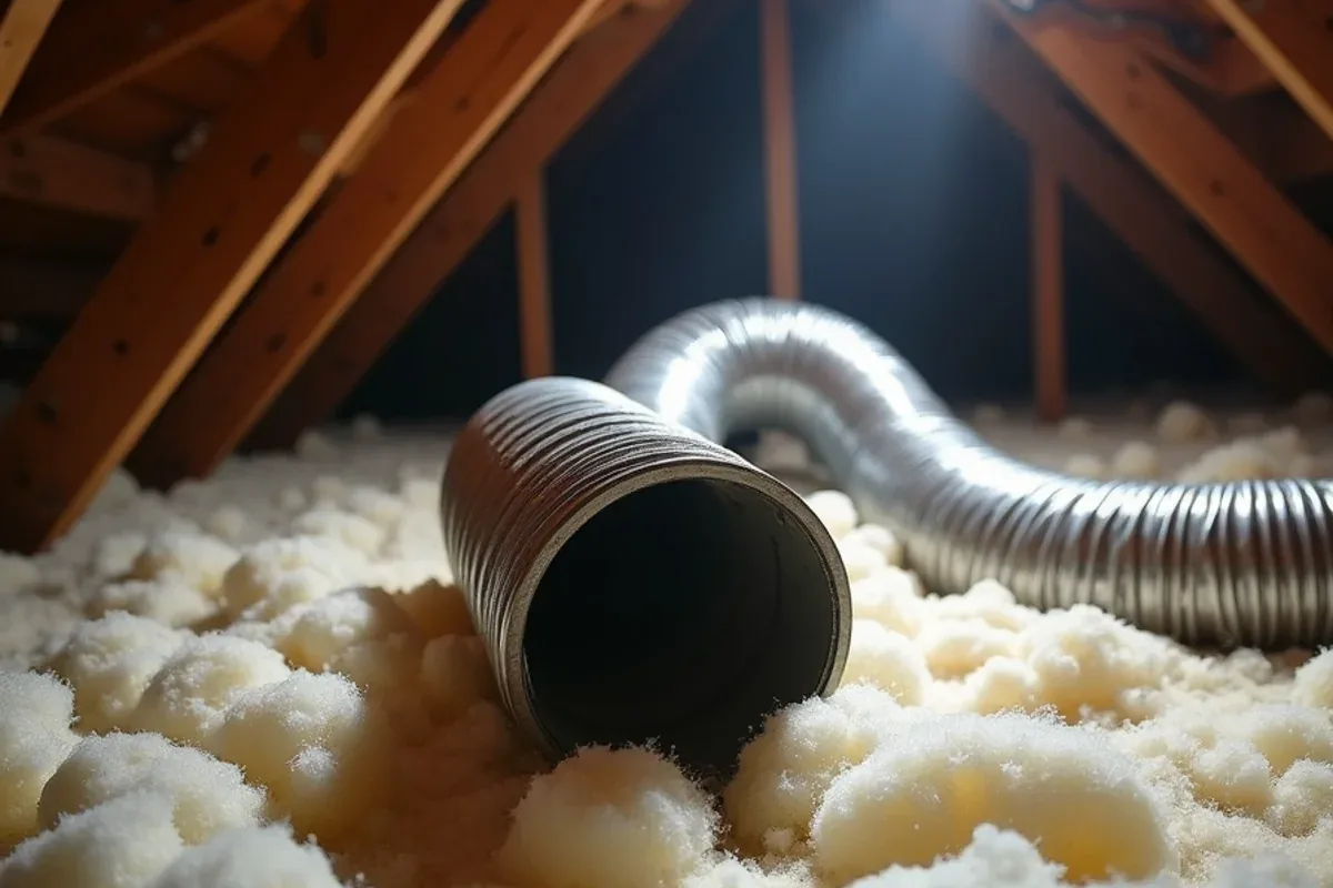 Disconnected flex duct lying on attic insulation in an older Azle, TX home