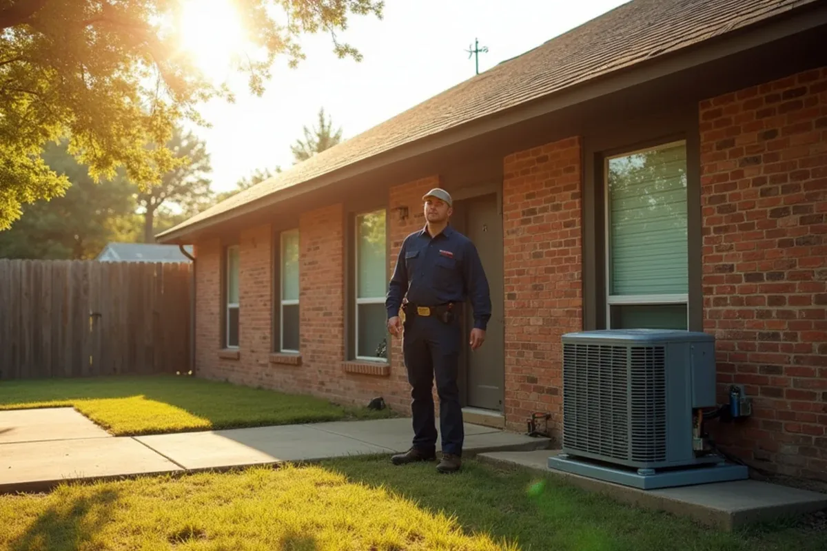 Outdoor AC unit running in 100-degree afternoon heat beside a brick home in Azle, TX