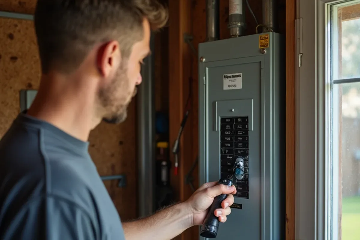 Homeowner checking a tripped AC breaker in a garage electrical panel near Azle, TX
