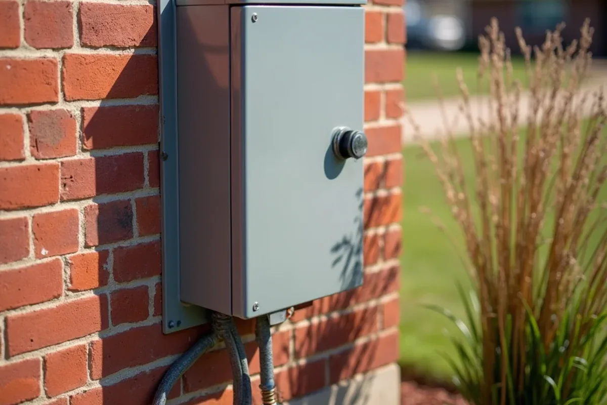 Outdoor AC disconnect box on a brick wall beside a condenser at an Azle, TX home