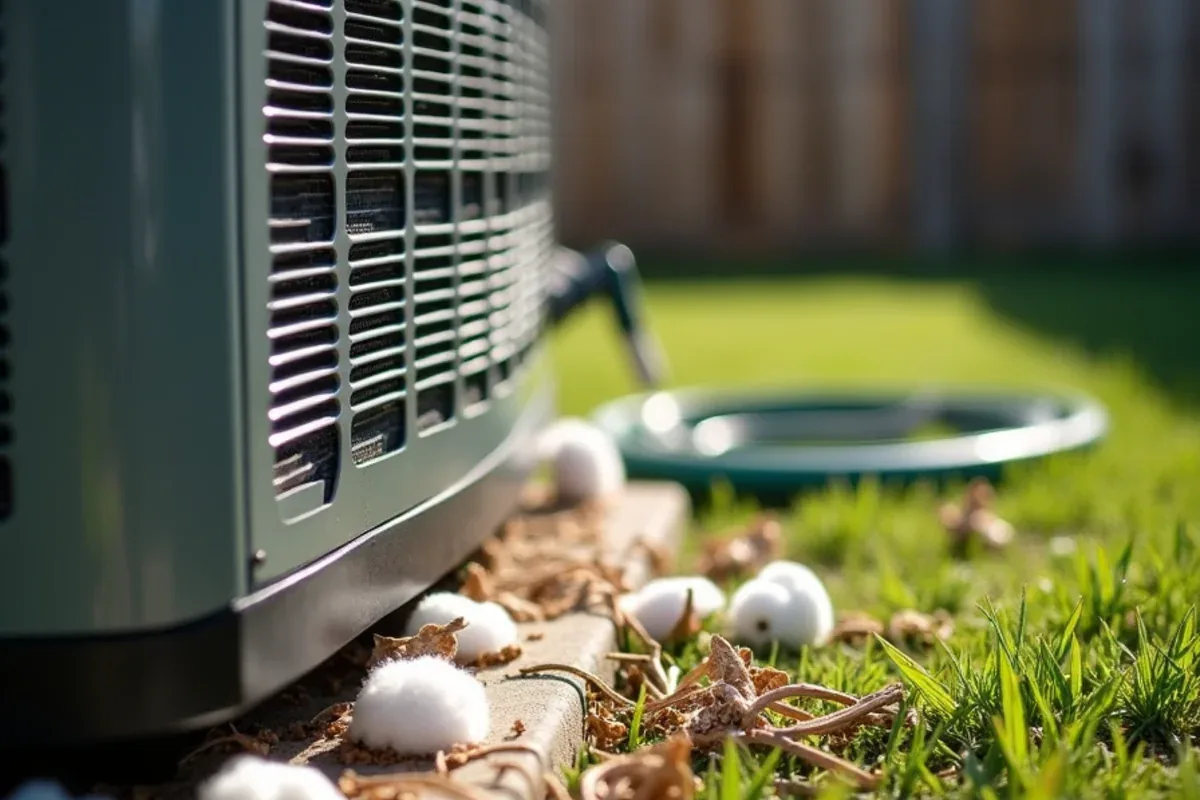 Outdoor AC condenser coil clogged with cottonwood fluff and grass clippings in North Texas