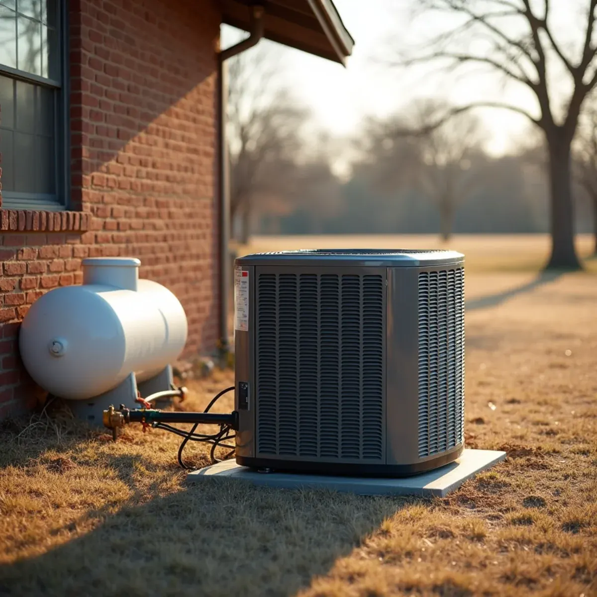 Outdoor heat pump beside a rural home with a propane tank in the yard near Azle, TX