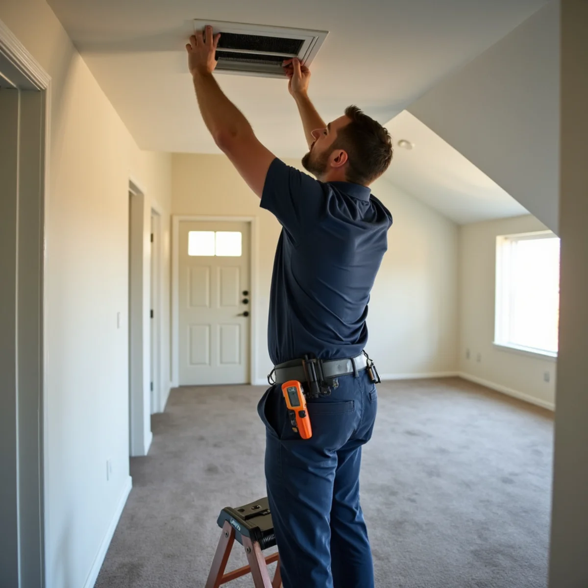 HVAC technician measuring airflow at an upstairs ceiling register in a bonus room of a two-story home in Keller, TX