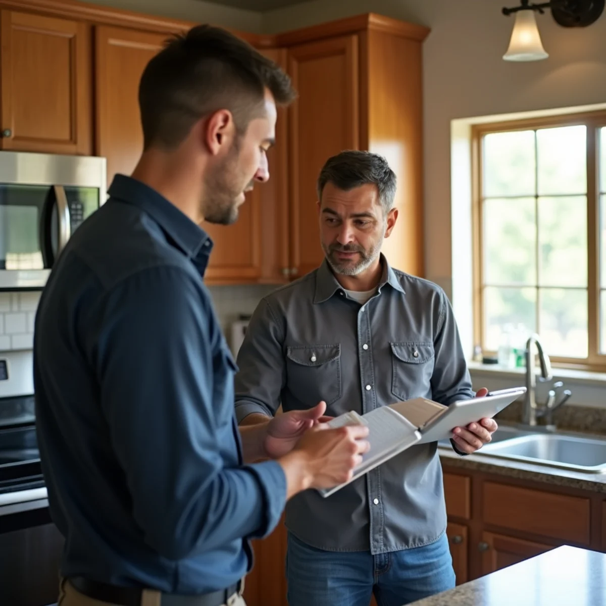 Homeowner and HVAC technician reviewing a system checklist on a tablet in an Azle, TX kitchen