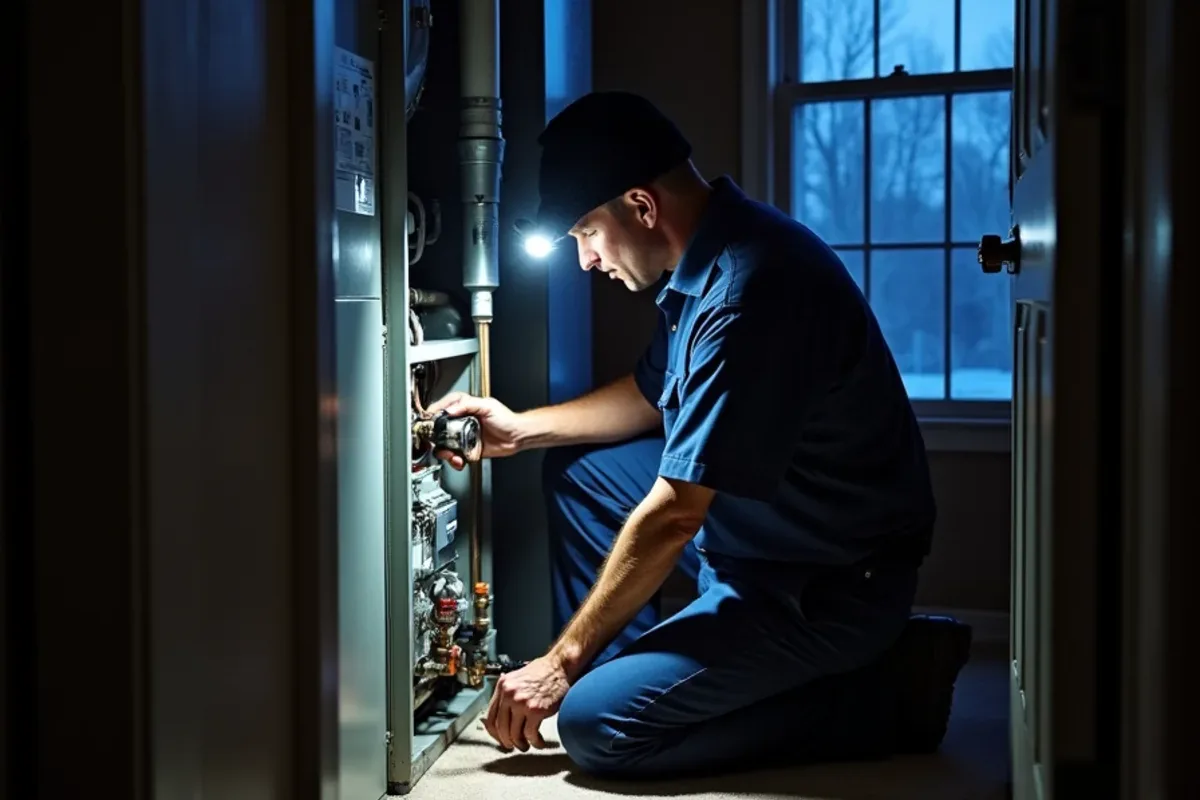 Technician inspecting a gas furnace in a hallway closet at night during a hard freeze in Azle, TX