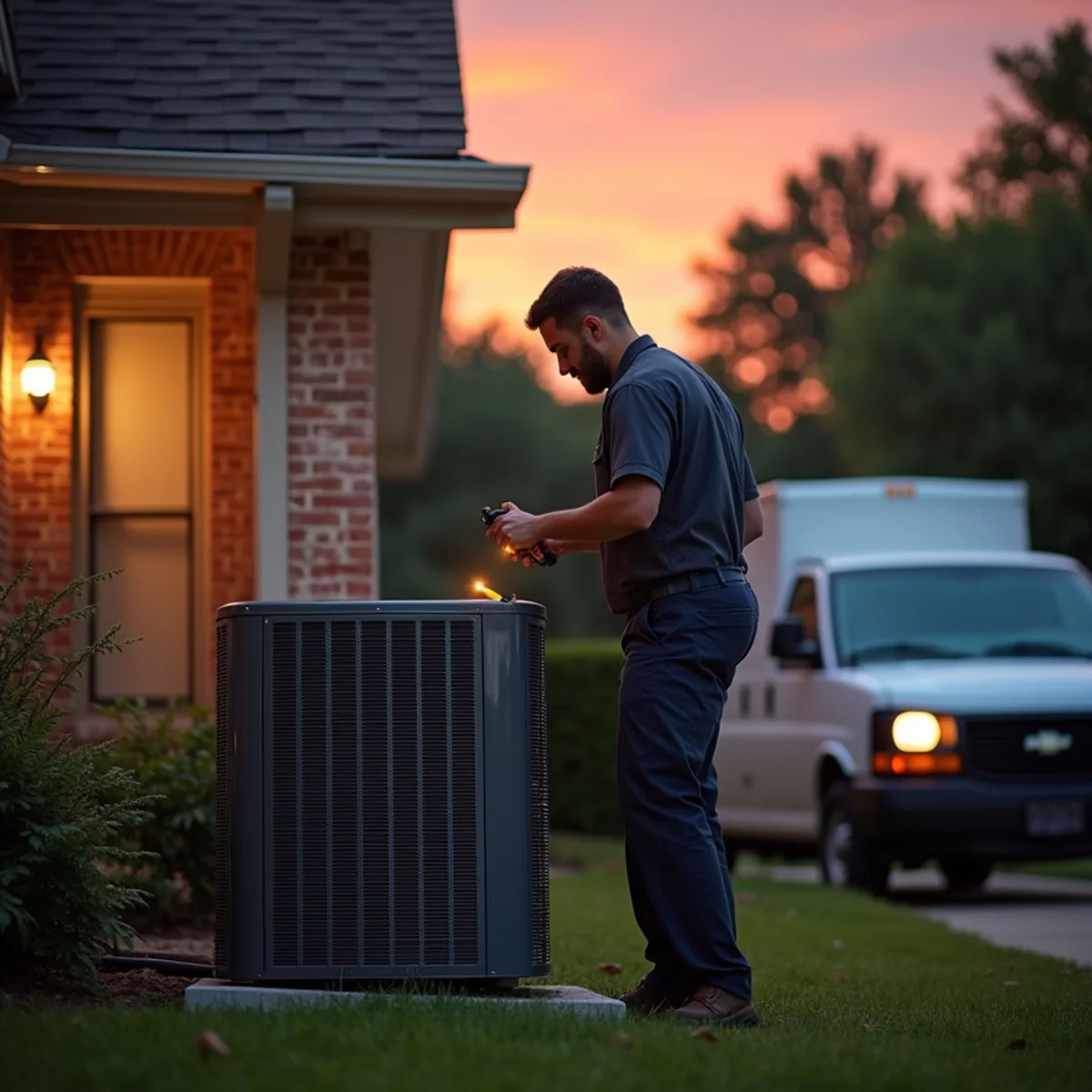 HVAC technician with a flashlight checking an outdoor AC condenser at dusk beside a brick ranch home in Azle, TX