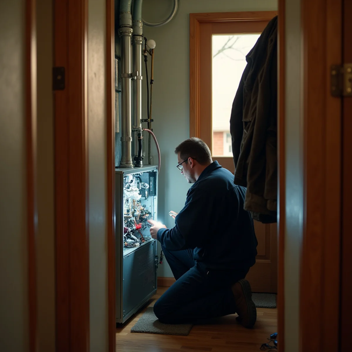 HVAC technician inspecting the burners of a gas furnace in a hall closet in Azle, TX