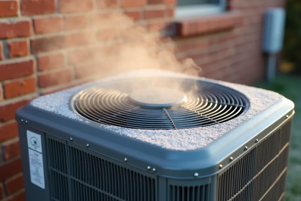 Heat pump outdoor unit with light frost on the coil and steam rising during a defrost cycle on a cold morning in Azle, TX