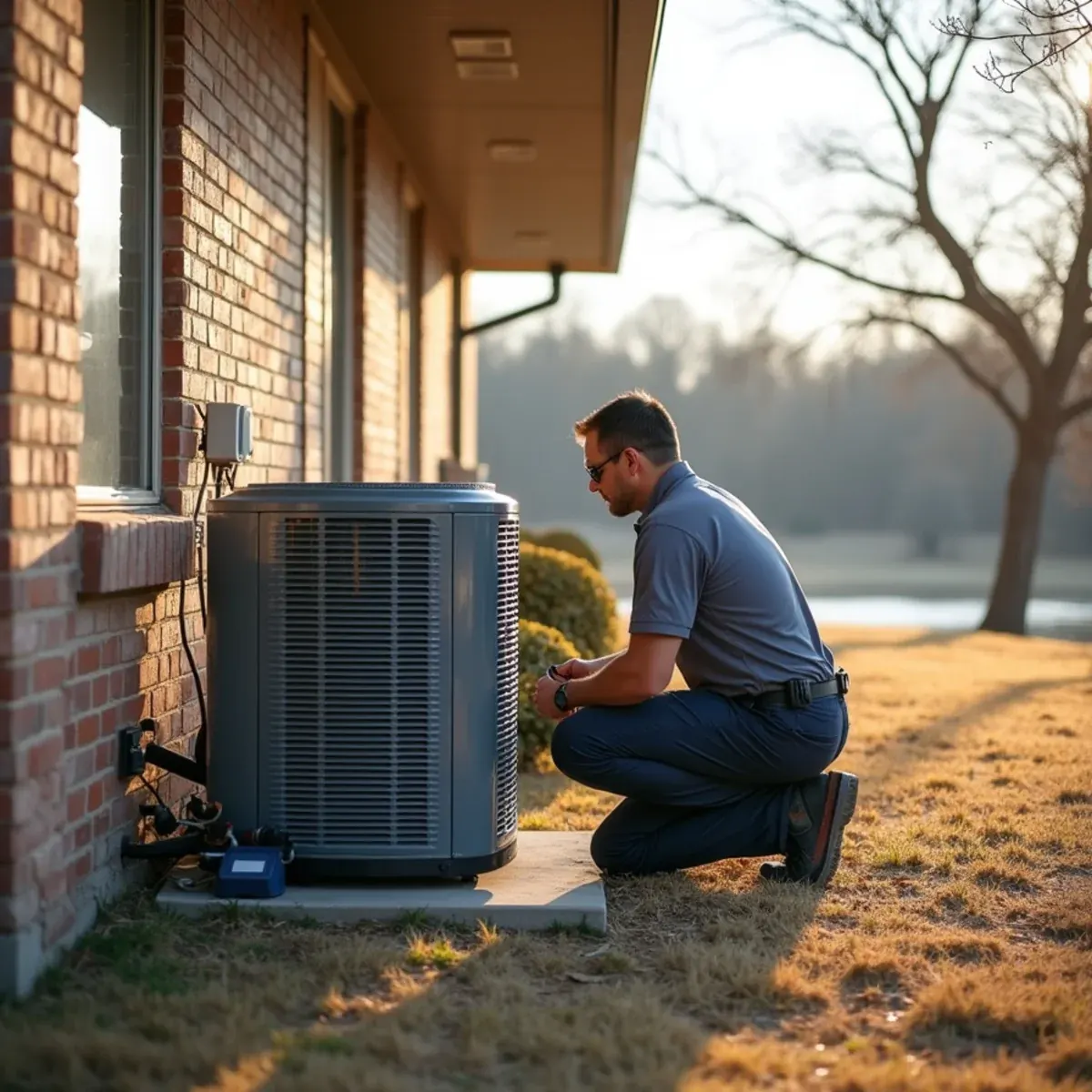 HVAC technician checking a heat pump outdoor unit beside an all-electric home near Eagle Mountain Lake in Azle, TX