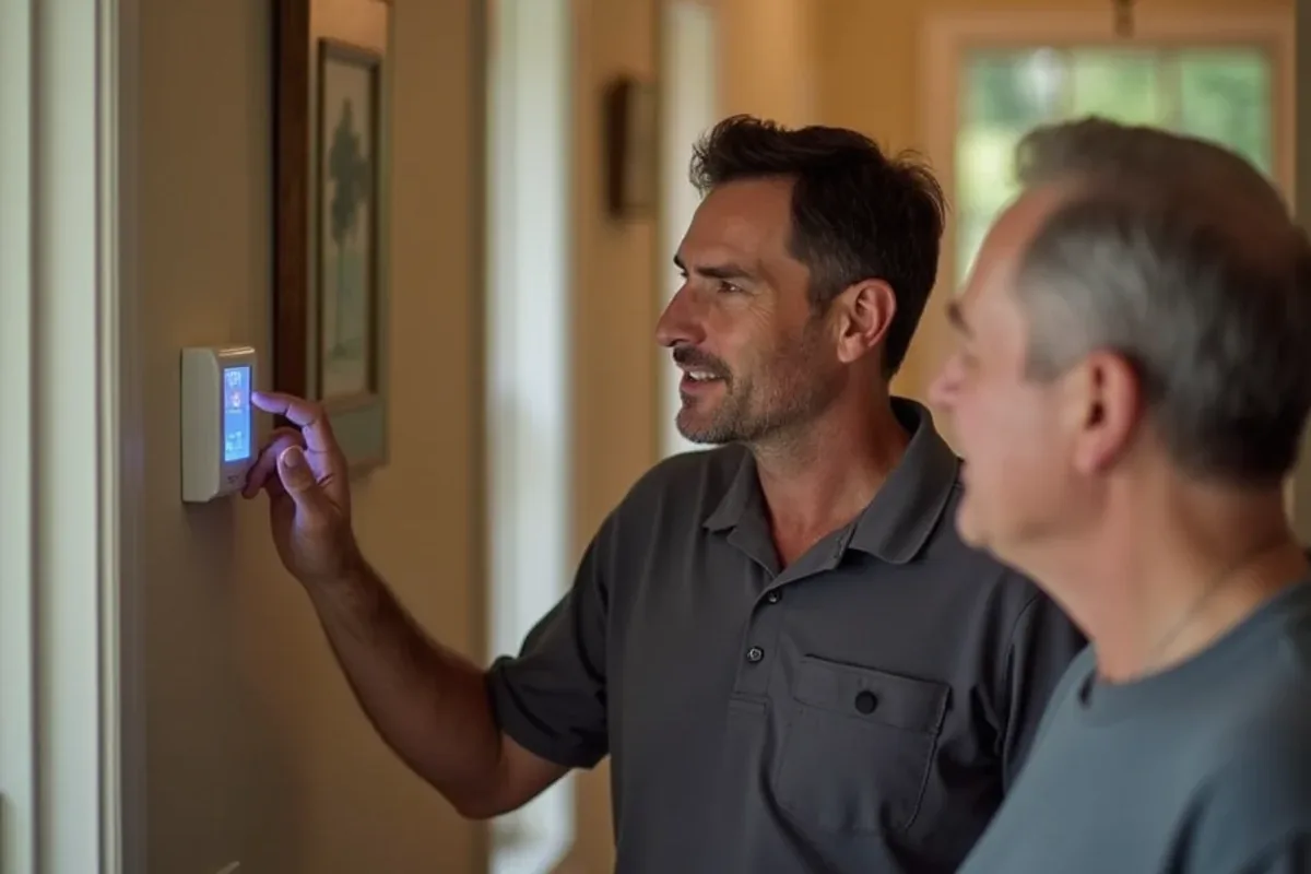 HVAC technician explaining a thermostat reading to a homeowner in an Azle, TX hallway