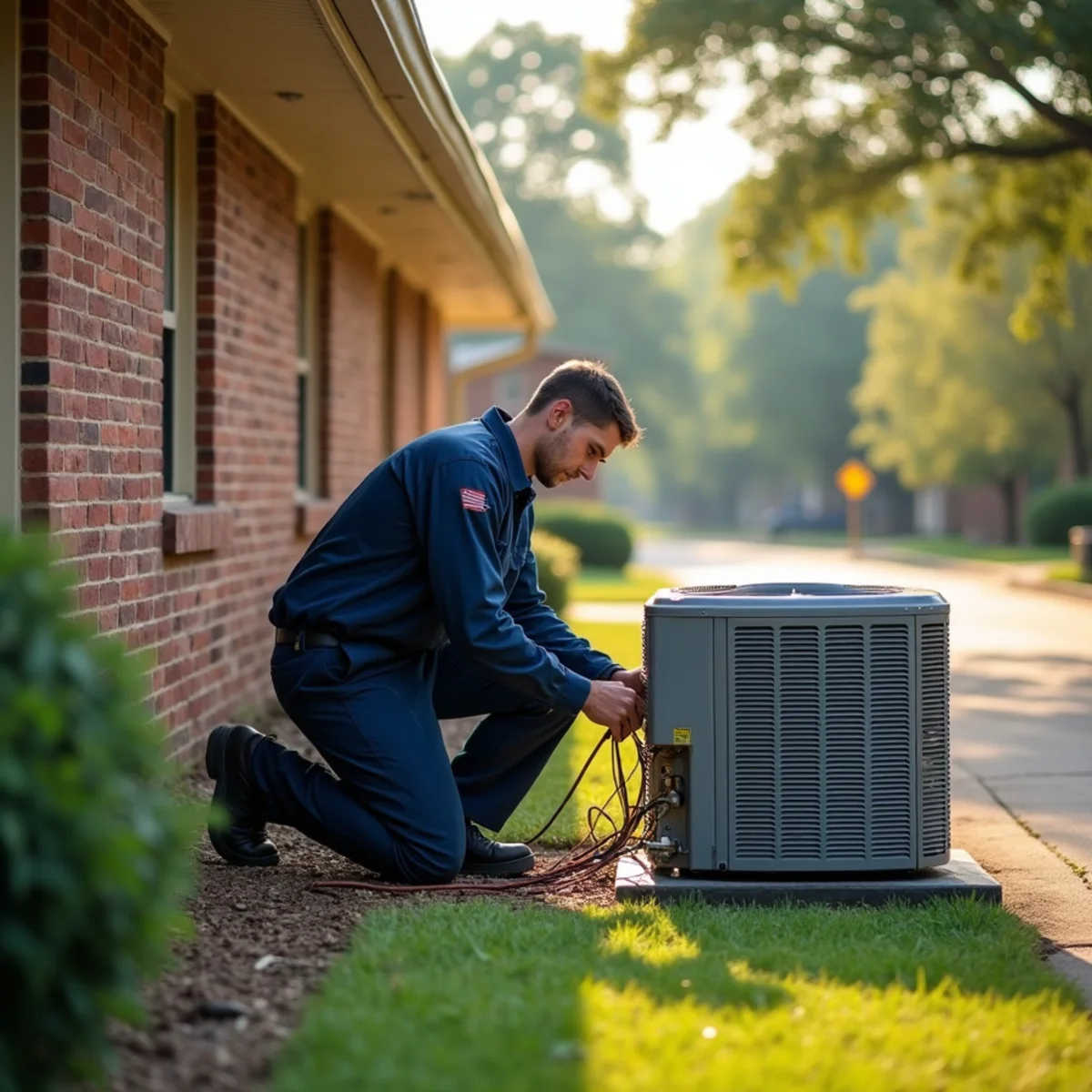 Technician at the condenser of a 1960s brick ranch home in Hurst, TX