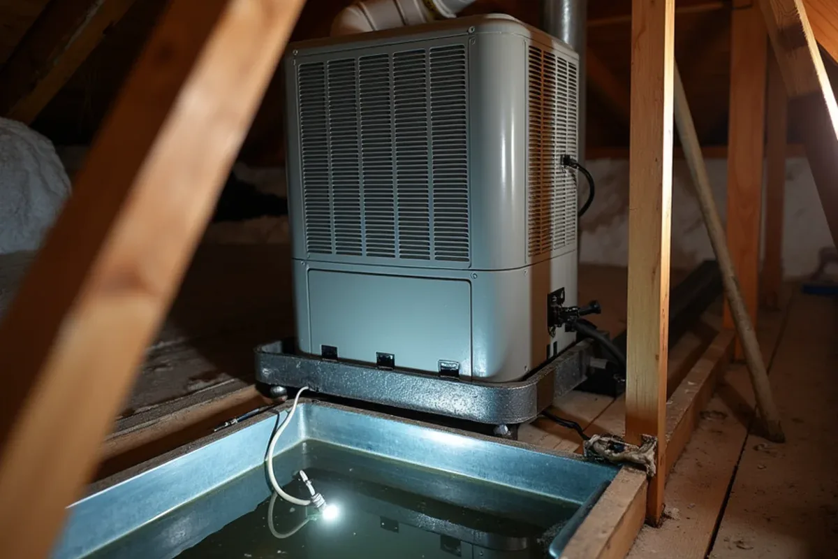 Attic air handler with a secondary drain pan and float switch in a two-story Keller, TX home