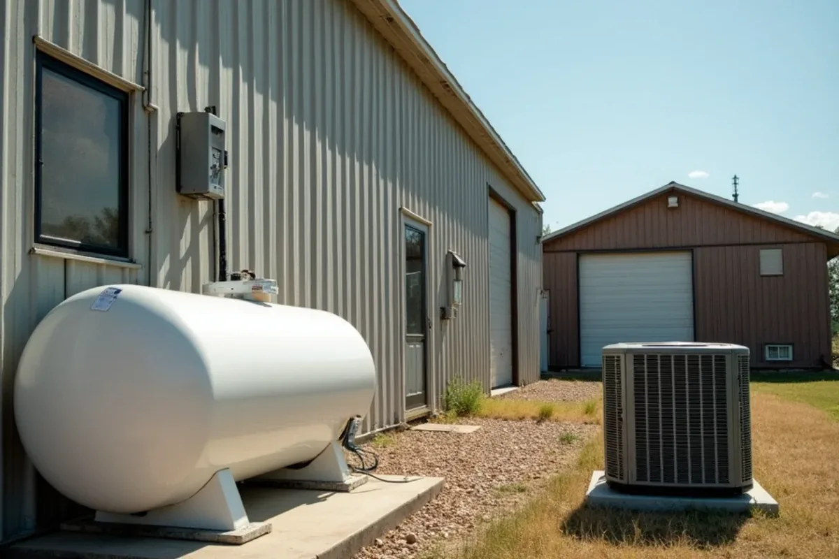 Rural Springtown, TX property with a propane tank, a heat pump condenser and a metal shop building