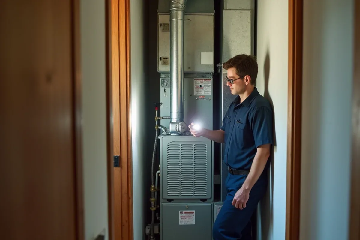 Upflow gas furnace with an AC coil on top inside a narrow hall closet in a 1950s White Settlement, TX home
